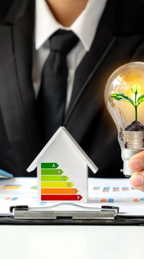 Modèle réduit de maison et ampoule écologique tenu par un conseiller à Caen pour audit énergétique.